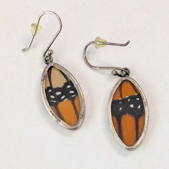 Artisan Monarch Butterfly Wing 925 Sterling Silver Dangle Drop Pierced Earrings - Picture 1 of 4